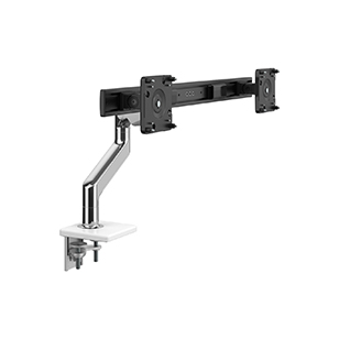 M8.1  Monitor Arm with Crossbar, Two-Piece Clamp Mount Base, Polished Aluminum with White Trim