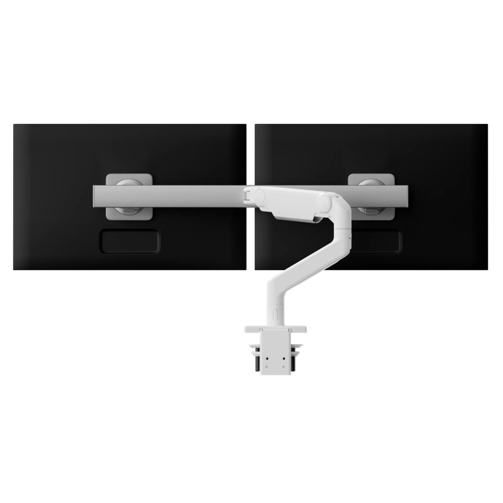 M8 Pro Dual Monitor Arm, Crossbar, Angled/Dynamic Links, Grey 100x100mm VESA, White with White Trim