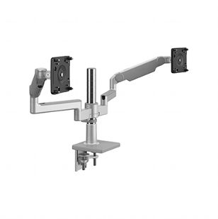 M/Flex with M2.1 Monitor Arms (2), Dual Arm Bracket, Two-Piece Clamp Mount,  Silver with Gray Trim